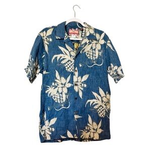 RJC Ukulele Pineapple Classic Hawaiian Button Front Reverse Print Blue Sz Large
